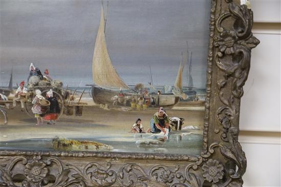 Continental School, pair of oils on canvas, Spanish fisherfolk on the shore, 20 x 29cm